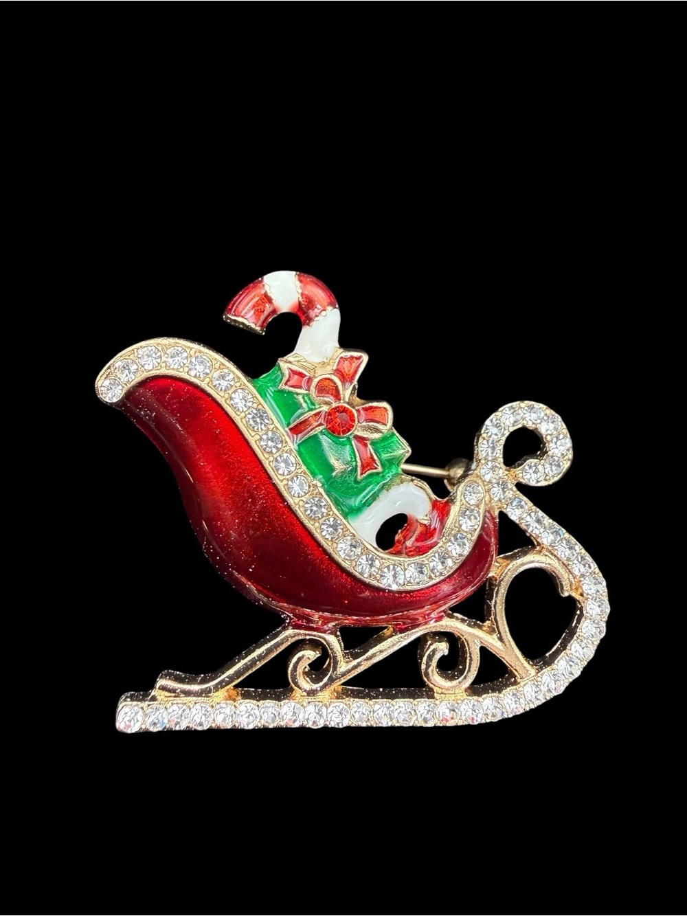 Vintage Holiday Red Enamel Sleigh Brooch with Crystal Accents